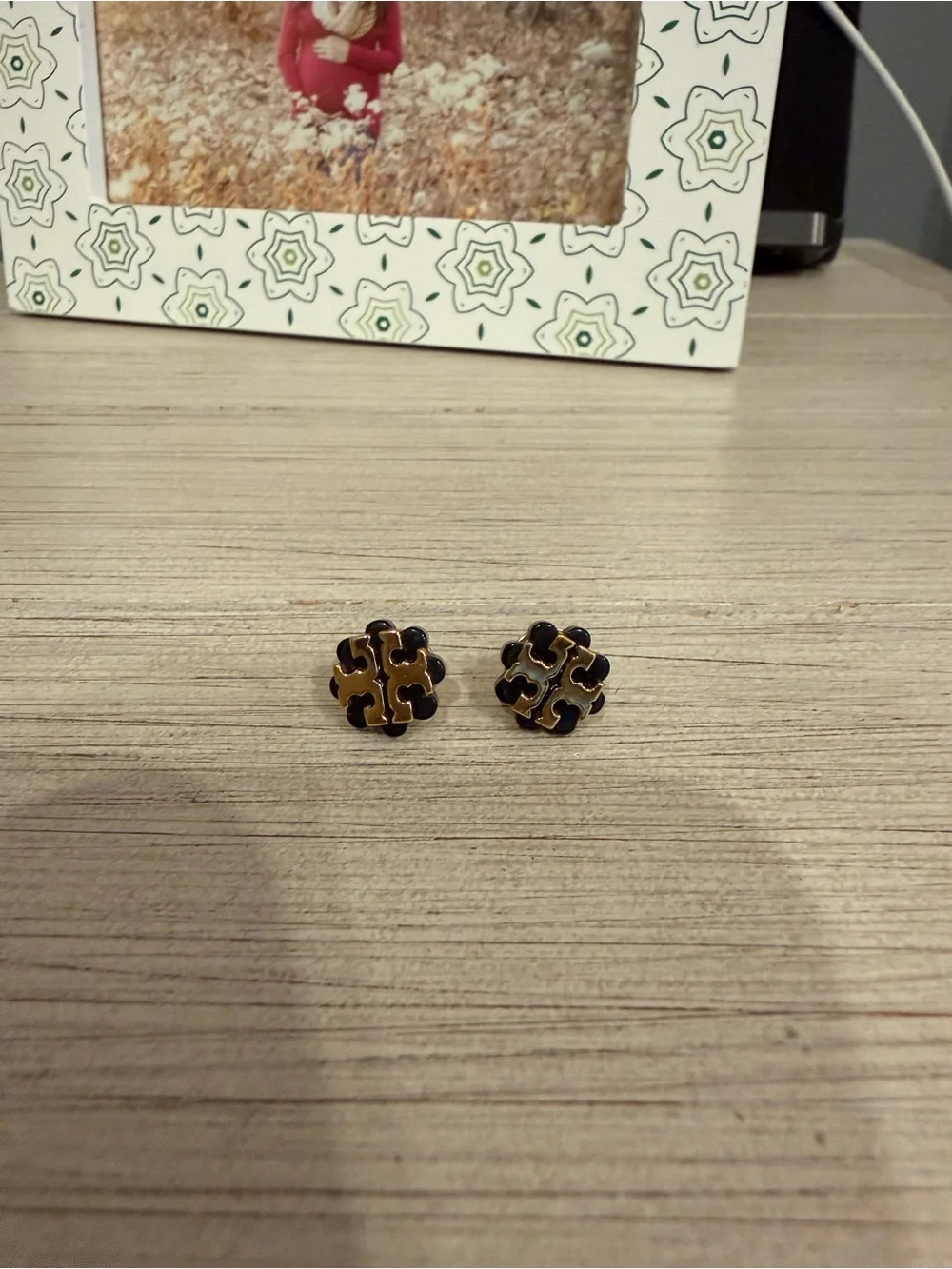 Tory Burch Black and Gold Logo Cluster Stud Earrings